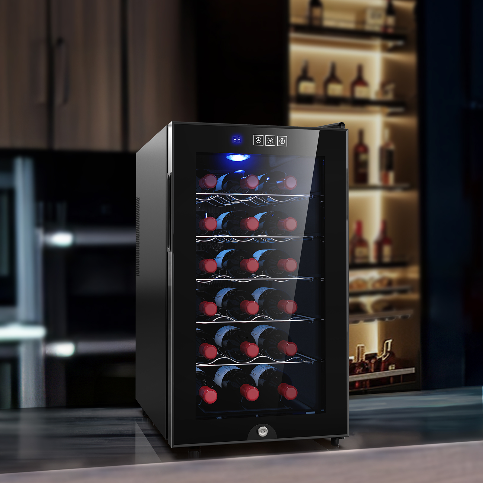 Stylish 18-bottle wine cooler placed in a home bar setting, featuring a sleek design, digital temperature control, and soft LED lighting, perfect for wine enthusiasts and elegant storage.