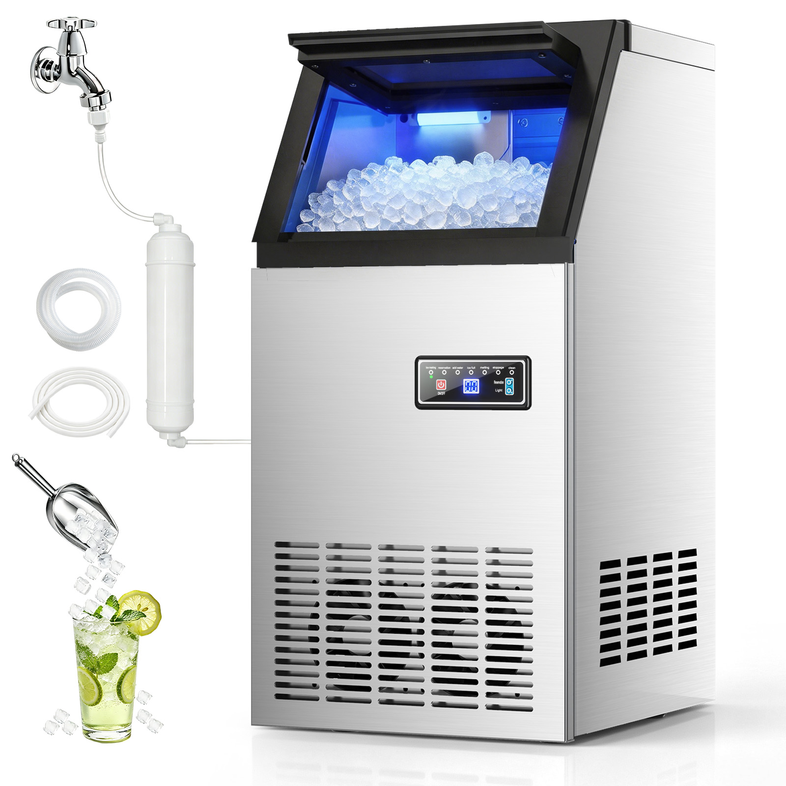 MOJGAR 100 lb commercial nugget ice maker with direct water connection, water filter, inlet hose and ice scoop for continuous ice production