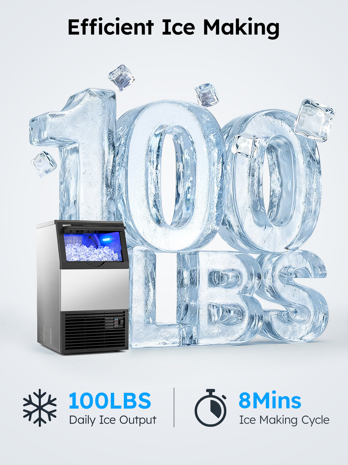 Mojgar commercial ice maker producing 100lbs/day with 8-minute ice making cycle, stainless steel under-counter design, self-cleaning, ideal for bars, cafes, restaurants, and home use.