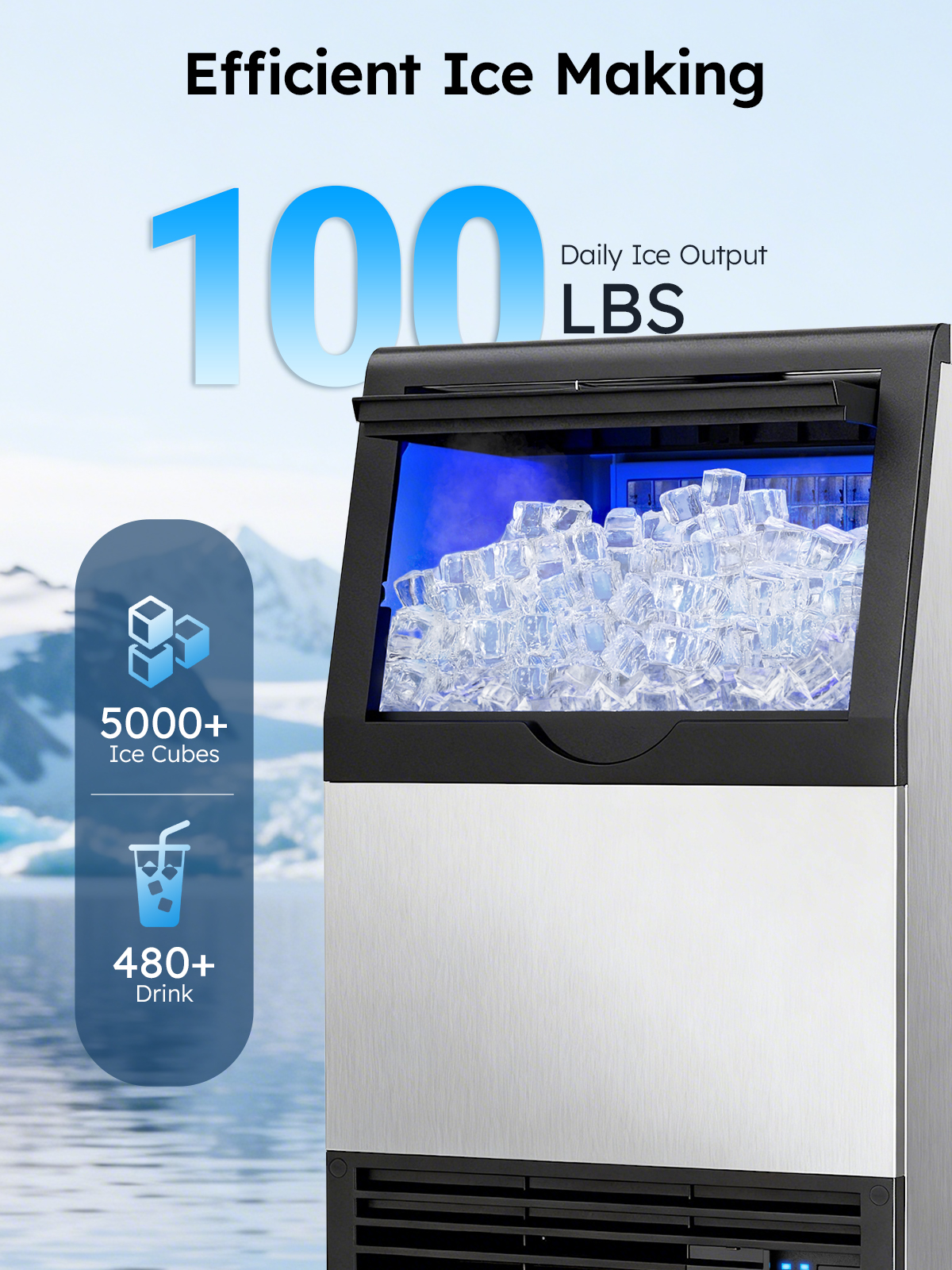 Mojgar commercial ice maker producing 100lbs/day, 5000+ ice cubes, 480+ drinks, stainless steel under-counter design, self-cleaning, ideal for bars, cafes, restaurants, and home use.
