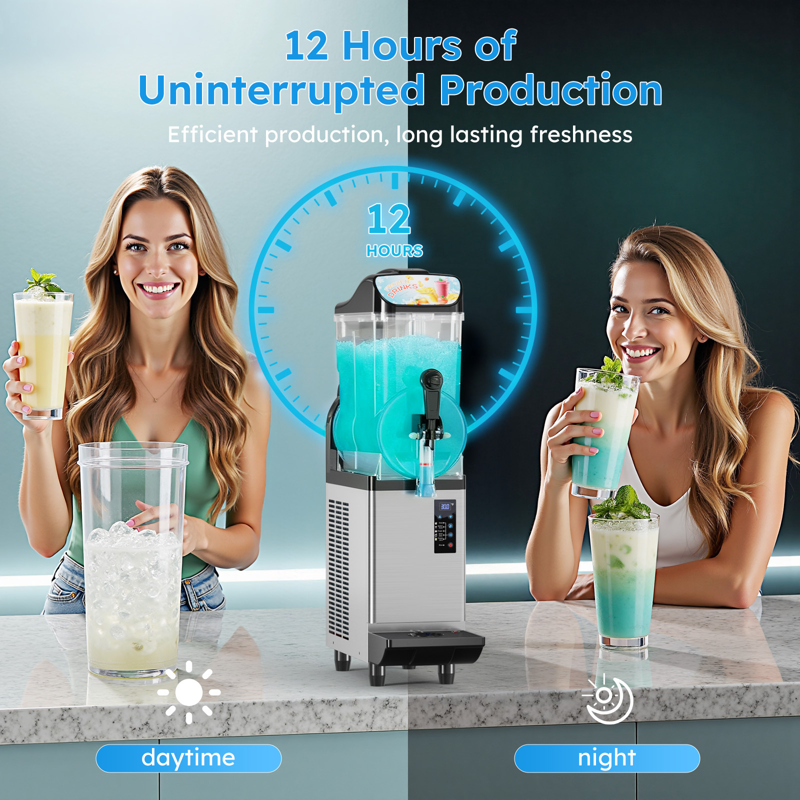Commercial slush machine designed for up to 12 hours of continuous frozen drink production with stable cooling performance for day and night operation