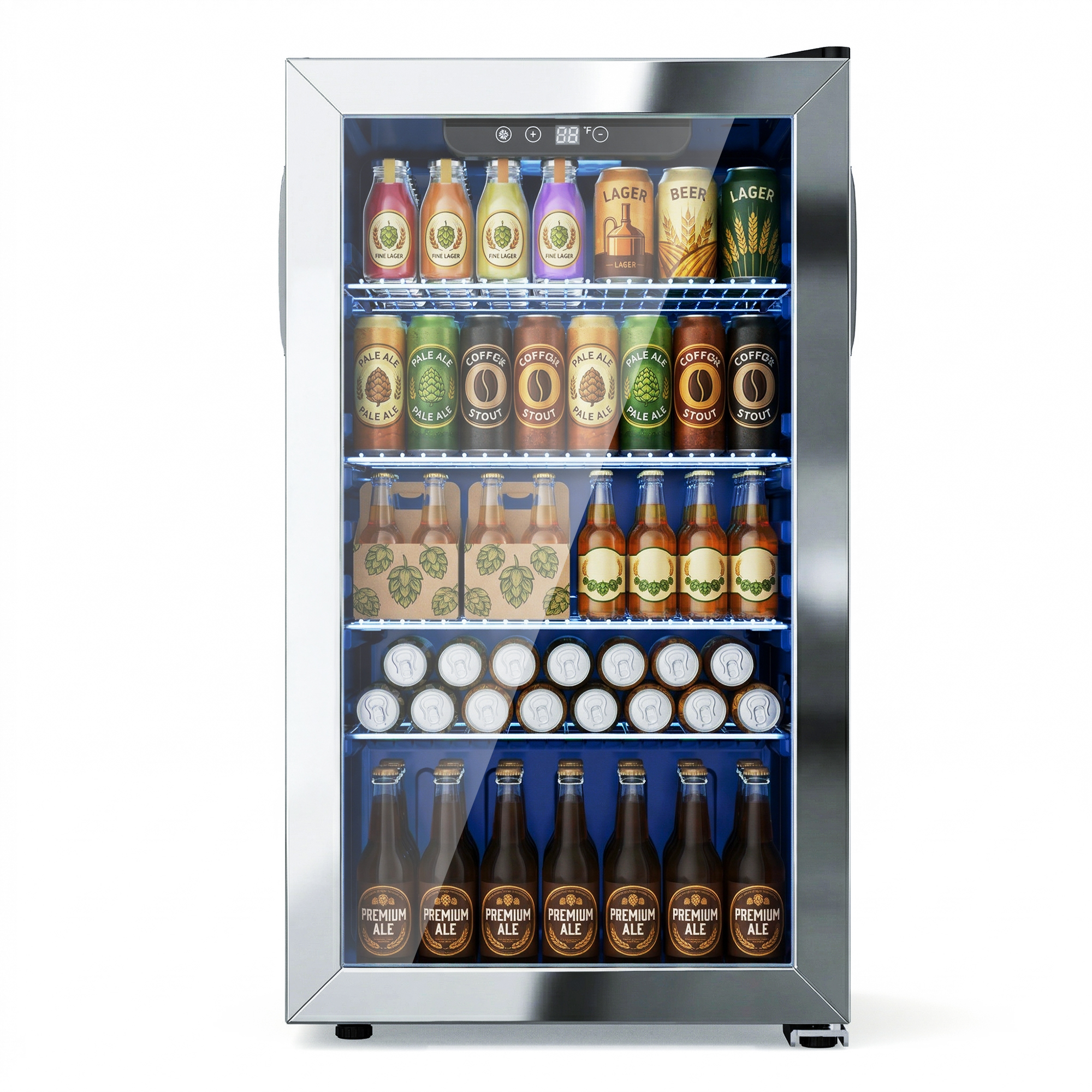 Mojgar 130-can beverage refrigerator with glass door, LED lighting, and adjustable shelves for beer, soda, wine, and drinks