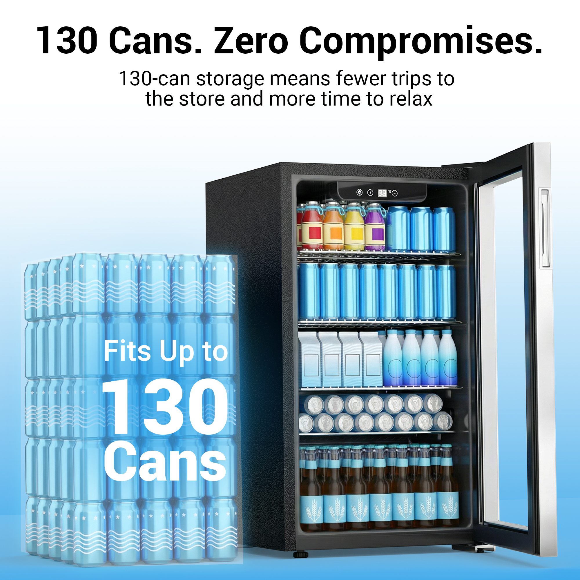 Mojgar 130-can drink cooler with spacious interior storage for beer, soda, sparkling water, and bottled beverages