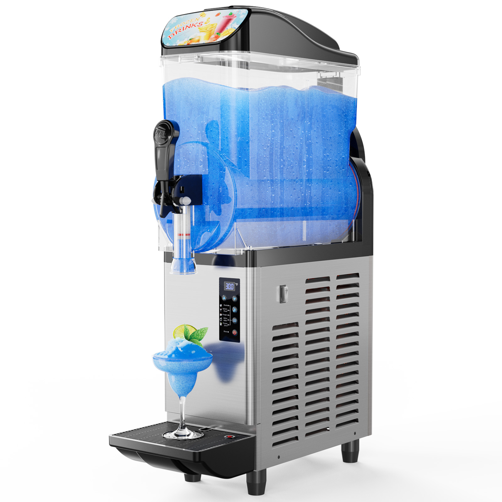 Mojgar 15L commercial slush machine with stainless steel body, single tank and digital control panel dispensing blue frozen drink on countertop