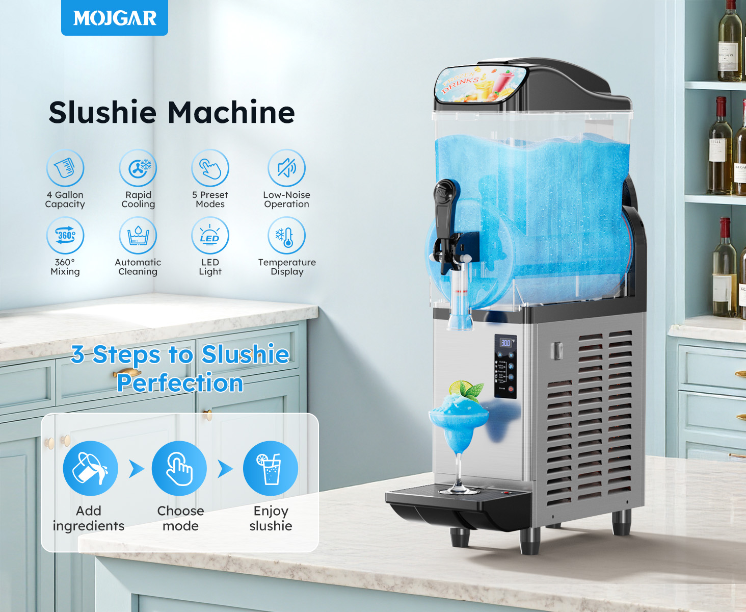 Mojgar 15L commercial slush machine with single tank, digital control panel, LED lighting and preset modes displayed on countertop for frozen drink service