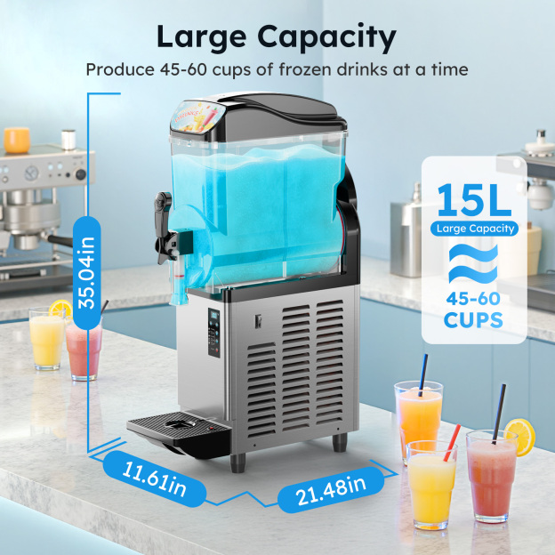 15L commercial slush machine showing large capacity tank and product dimensions 35.04 x 11.61 x 21.48 inches producing up to 45 to 60 cups per batch