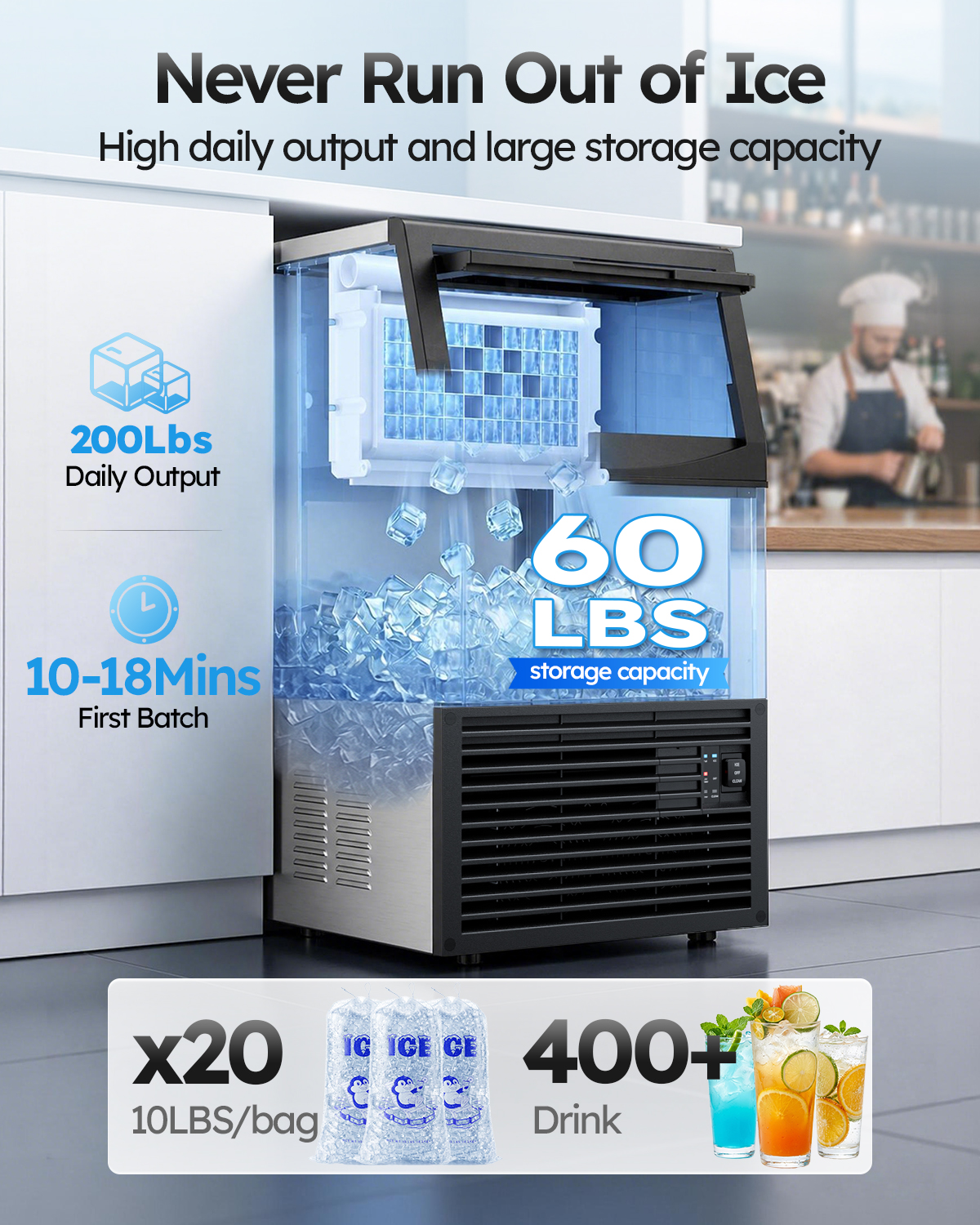 Mojgar commercial ice maker with up to 200 lbs of daily ice production, 60 lb ice storage capacity, and a 10–18 minute first ice-making cycle, shown in a kitchen setting.