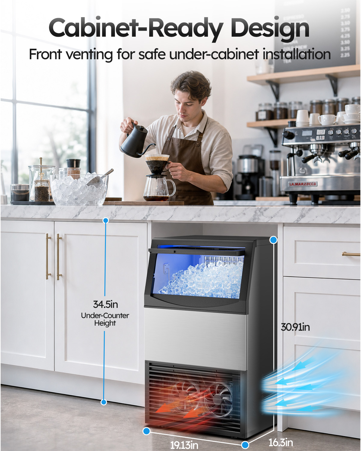 Mojgar 200 lb commercial ice maker with front ventilation, shown installed under a kitchen counter. Dimensions: 19.13 inches wide, 16.3 inches deep, and 30.91 inches high.