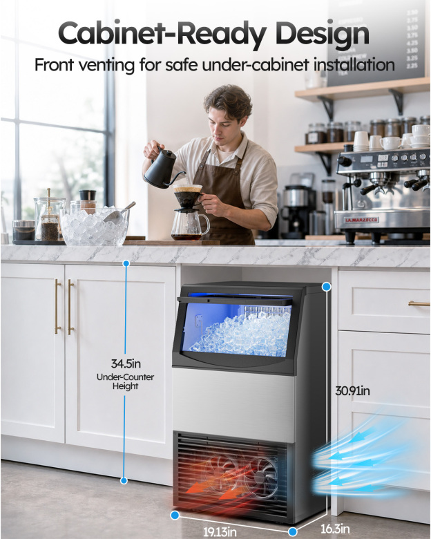 Mojgar 200 lb commercial ice maker with front ventilation, shown installed under a kitchen counter. Dimensions: 19.13 inches wide, 16.3 inches deep, and 30.91 inches high.