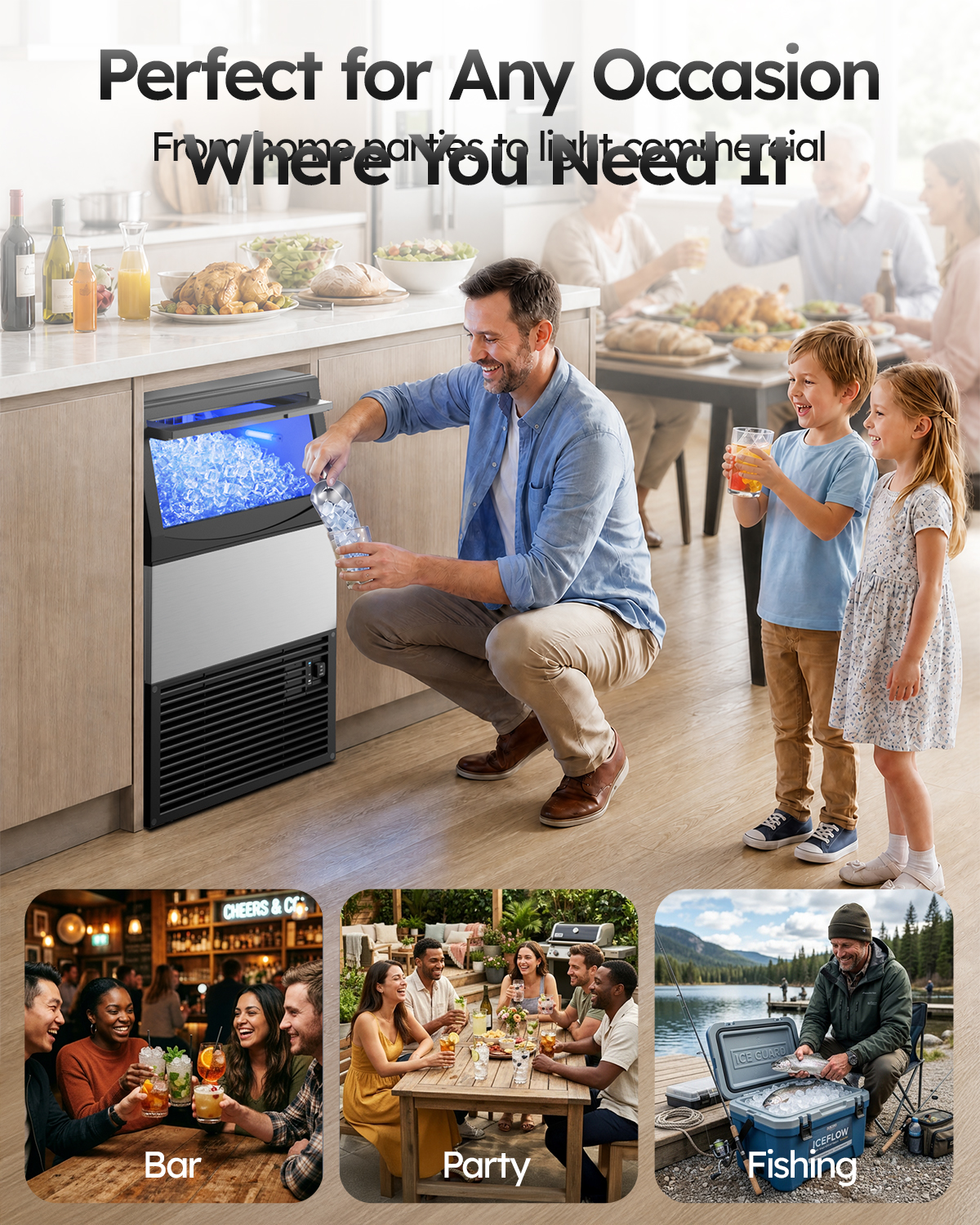 Mojgar undercounter commercial ice maker in a modern home kitchen, with a family enjoying cold drinks and additional lifestyle scenes featuring bars, outdoor parties, and fishing.