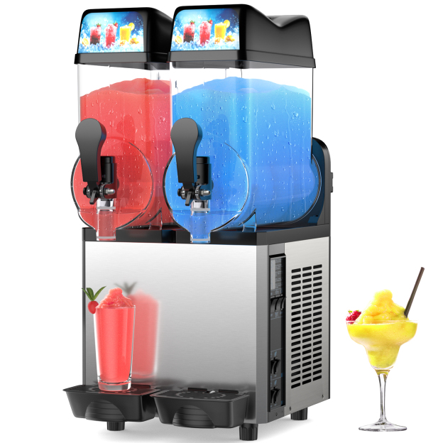 Mojgar dual-tank commercial slushy machine with red and blue frozen drinks. Features a high-capacity stainless steel body, fast cooling system, and easy tap dispensers. Ideal for making margaritas, daiquiris, and juices in bars, cafes, and restaurants. Energy-efficient and visually appealing design.