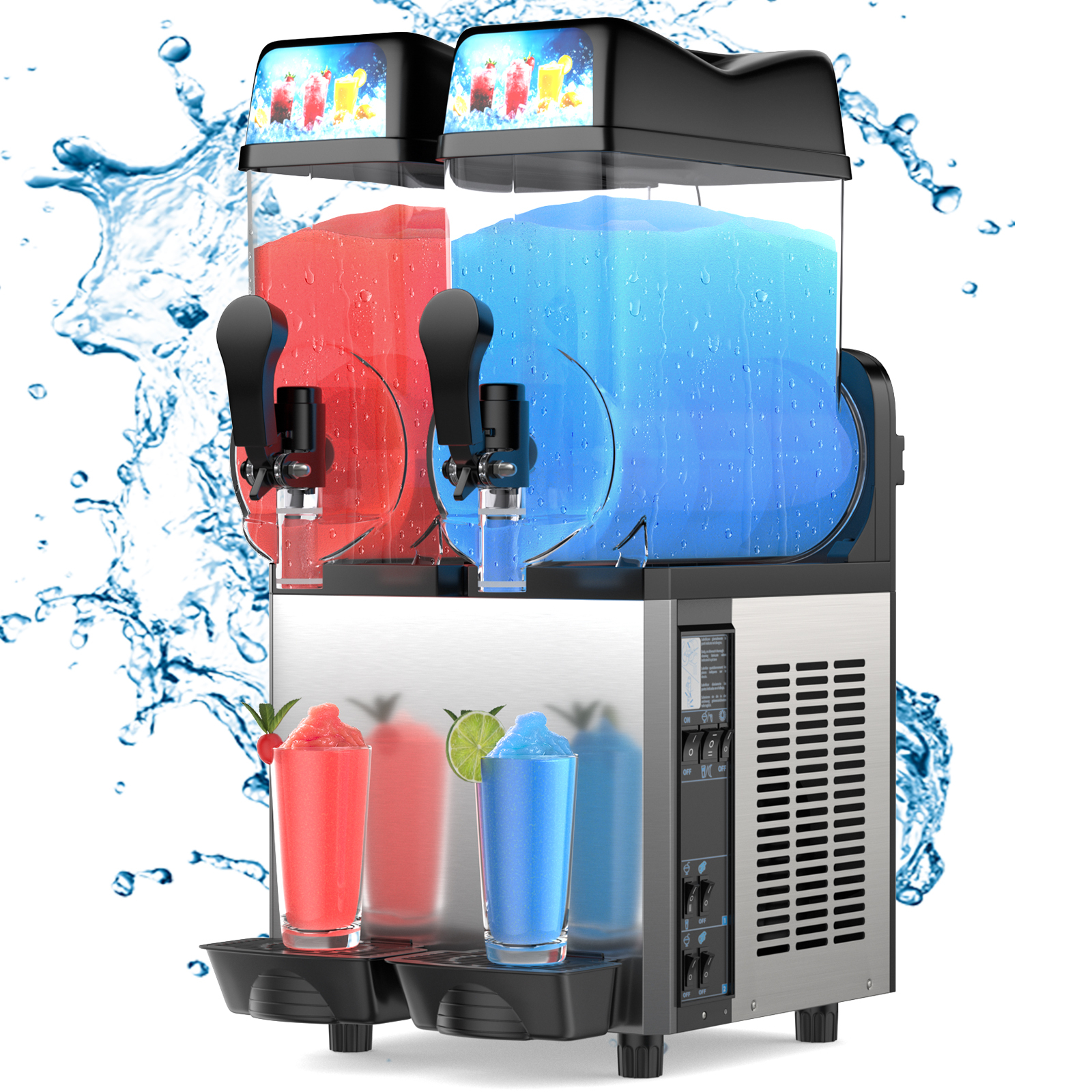 Mojgar dual-tank commercial slushy machine with red and blue frozen drinks. Features a high-capacity stainless steel body, fast cooling system, and easy tap dispensers. Ideal for making margaritas, daiquiris, and juices in bars, cafes, and restaurants. Energy-efficient and visually appealing design.