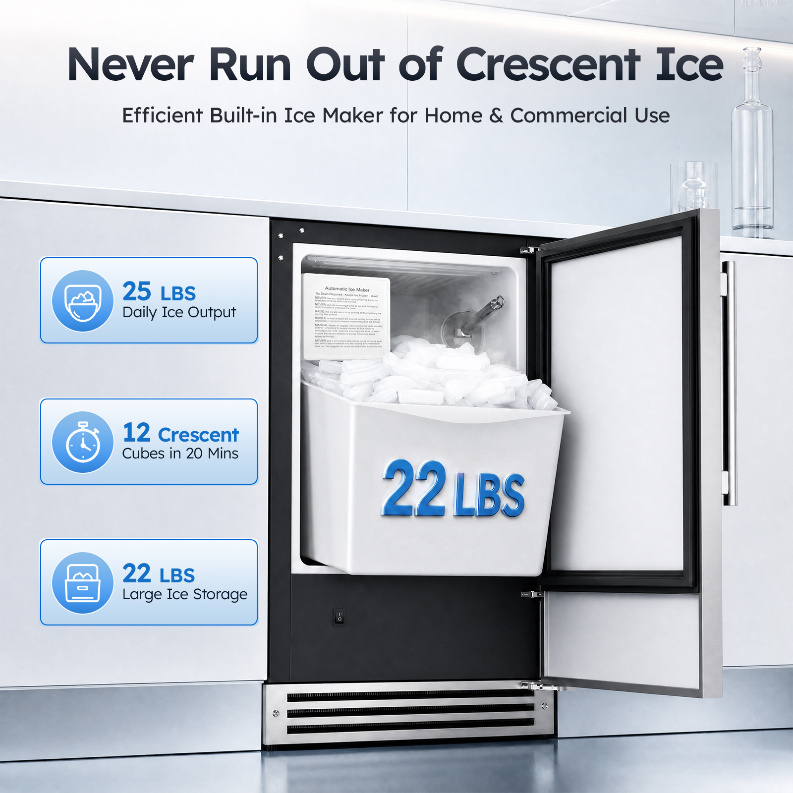 Mojgar crescent ice maker produces up to 25 lbs of ice per day with a 22 lb storage bin and makes 12 crescent ice cubes in approximately 20 minutes.