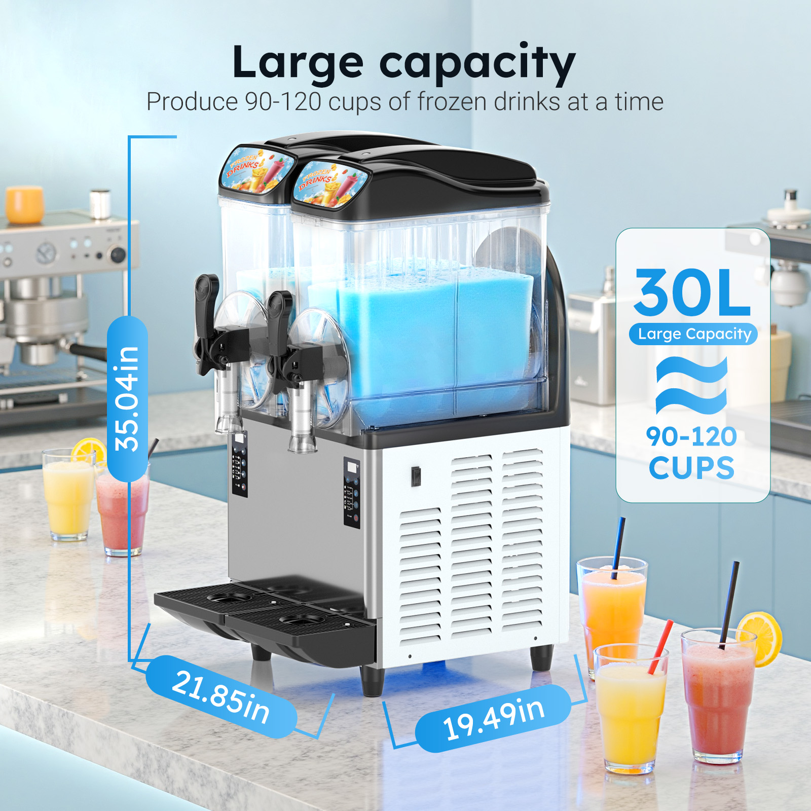 Large capacity Mojgar 30L slush machine with dimensions and output estimate of 90–120 cups of frozen drinks per batch.