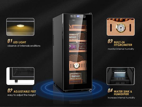 Mojgar 35L electric humidor with LED light for visibility, adjustable feet for height, built-in hygrometer to monitor humidity, and a water sink with humidifier to maintain ideal cigar storage conditions.