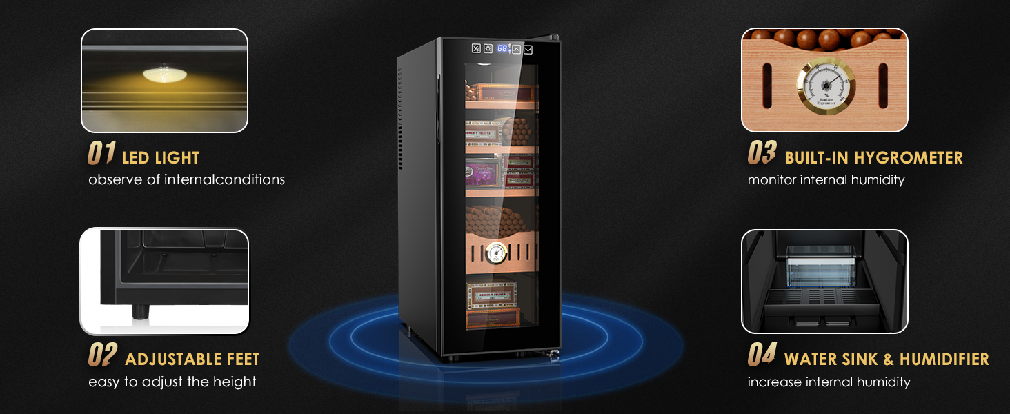 Mojgar 35L electric humidor with LED light for visibility, adjustable feet for height, built-in hygrometer to monitor humidity, and a water sink with humidifier to maintain ideal cigar storage conditions.