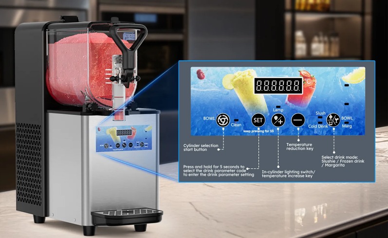 Close-up of the Mojgar 3L Slush Machine digital control panel, showing drink mode options for slushies, frozen drinks, and margaritas. Sleek design with temperature adjustment and cleaning functions.