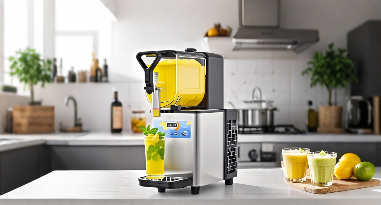 Mojgar 3L Slush Machine in a modern kitchen setting, dispensing a refreshing yellow slushie into a glass. Fresh lemons, limes, and smoothies on the countertop, showcasing home beverage possibilities.