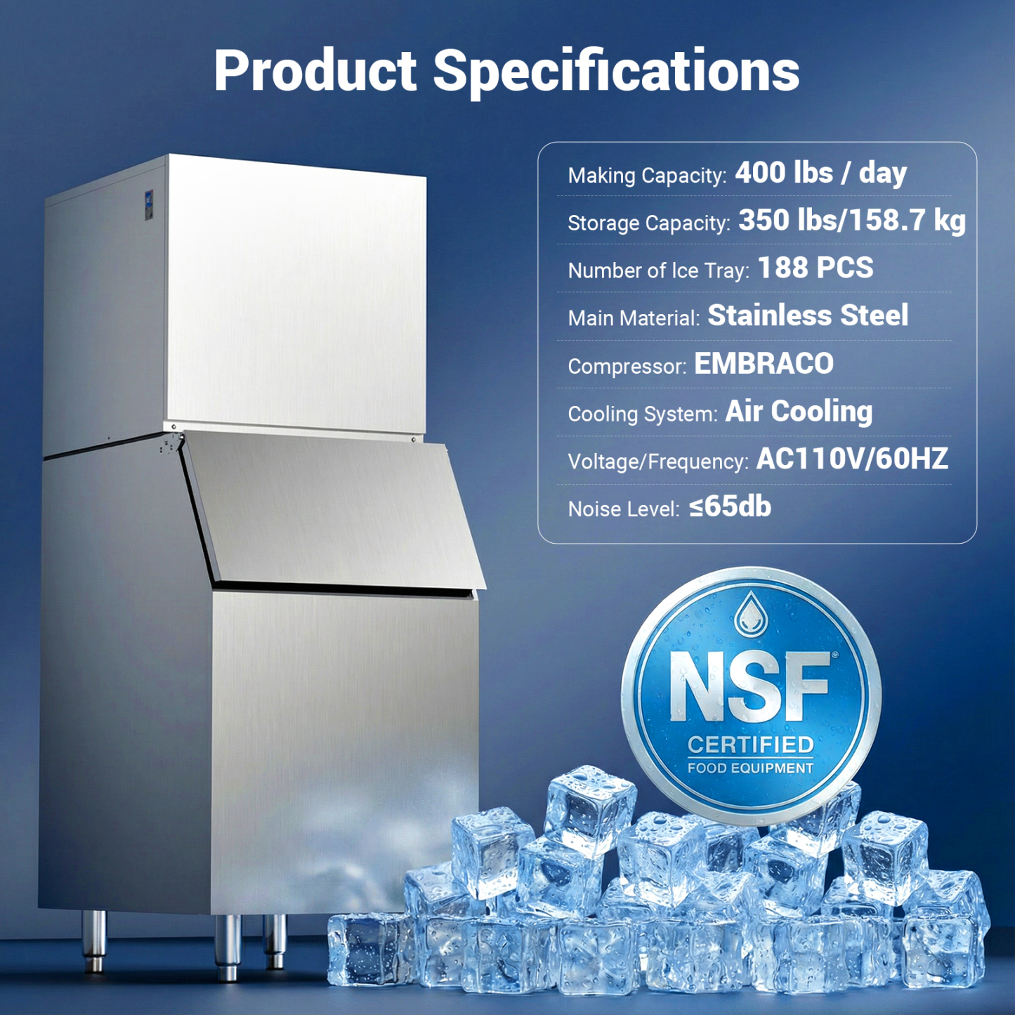 Mojgar 400 lb/day commercial ice maker specifications graphic showing 350 lb storage, 188 ice tray positions, Embraco compressor, air cooling and 110V/60Hz power.