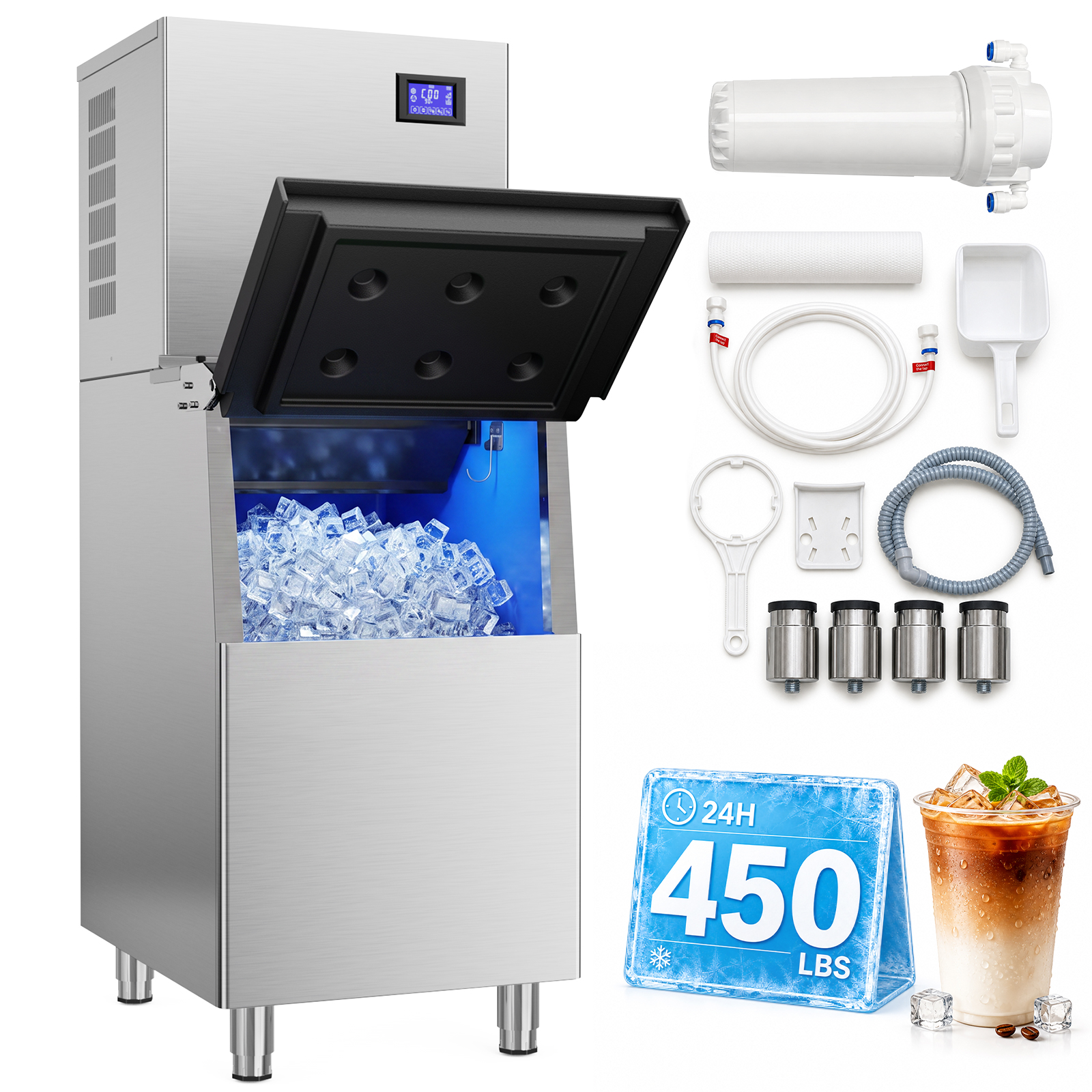 Mojgar 450 lb commercial ice maker with large storage bin, water filter, inlet and drain hoses, ice scoop, adjustable legs and installation accessories.