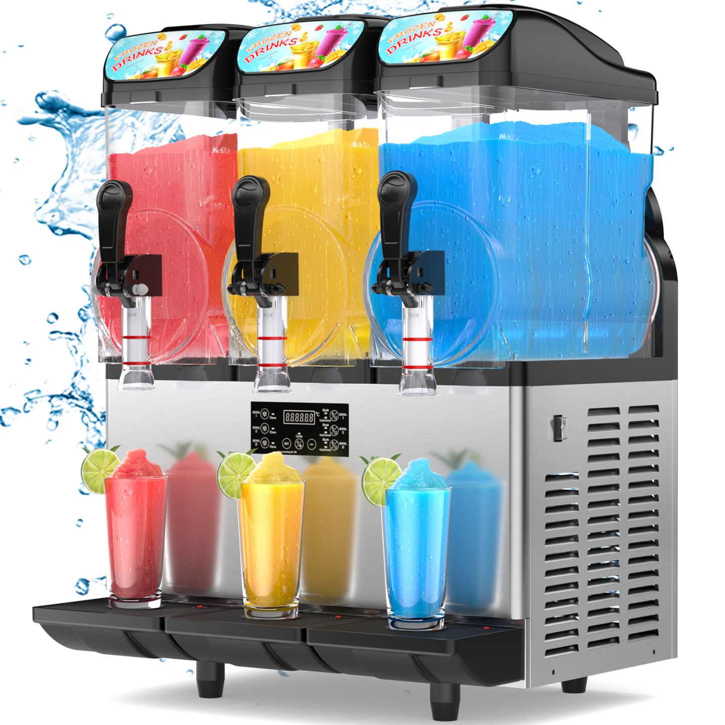 Mojgar 45L Commercial Slushy Machine with 3 tanks for making frozen drinks like margaritas, daiquiris, and juices. Features a stainless steel body, LED display, and fast freezing technology. Perfect for bars, restaurants, and home parties.
