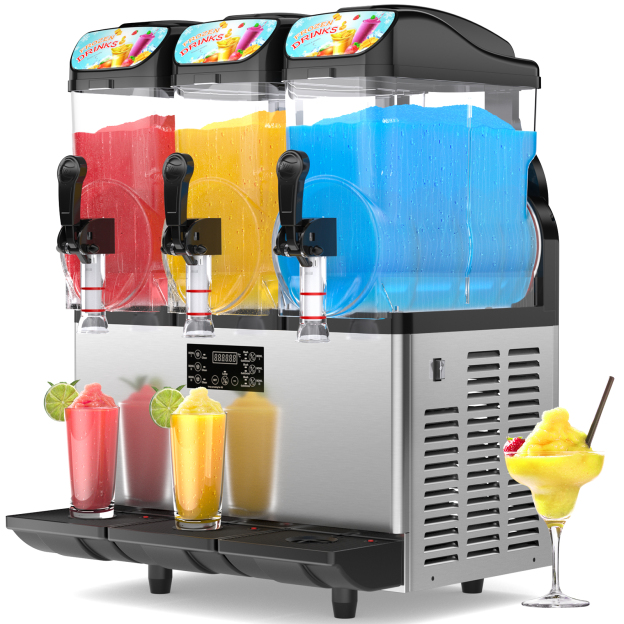 Mojgar 45L Triple-Tank Slushy Machine for making frozen margaritas, daiquiris, and cold beverages. Features a stainless steel body, LED digital controls, fast freezing, and self-cleaning. Ideal for bars, restaurants, and home use.