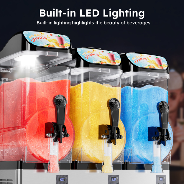 Built-in LED lighting on Mojgar 45L triple tank slush machine highlights colorful frozen drinks for an eye-catching counter display.