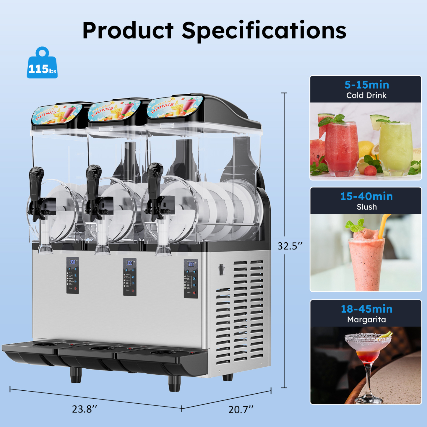 Mojgar 45L triple tank slush machine specifications showing dimensions and weight, plus typical time ranges for cold drinks, slush, and margarita-style frozen drinks.