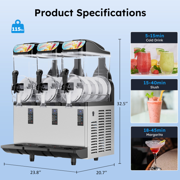 Mojgar 45L triple tank slush machine specifications showing dimensions and weight, plus typical time ranges for cold drinks, slush, and margarita-style frozen drinks.