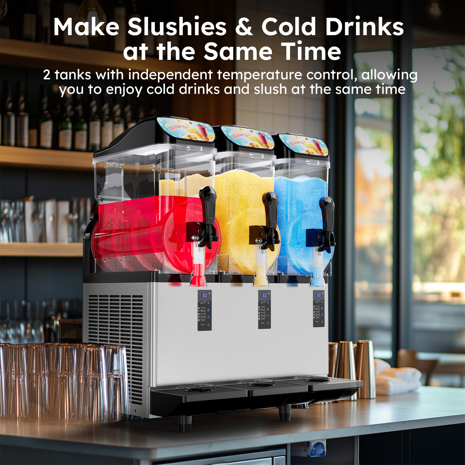 Mojgar triple tank slush machine with independent temperature control, making slushies and cold drinks at the same time with multiple flavors for bar or café service.