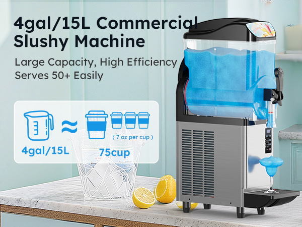 4 gallon 15L commercial slush machine large capacity design serving over 50 cups per batch suitable for bars, restaurants and catering events