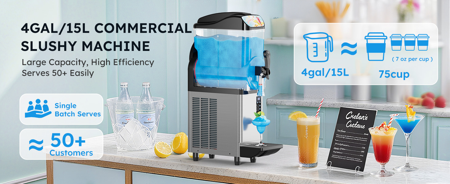4 gallon 15L commercial slush machine large capacity design serving over 50 cups per batch suitable for bars, restaurants and catering events