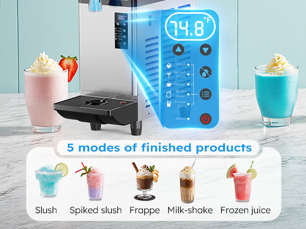 Mojgar commercial slush machine with five drink modes and adjustable temperature control including slush, spiked slush, frappe, milkshake and frozen juice