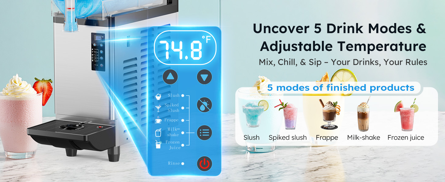 Mojgar commercial slush machine with five drink modes and adjustable temperature control including slush, spiked slush, frappe, milkshake and frozen juice
