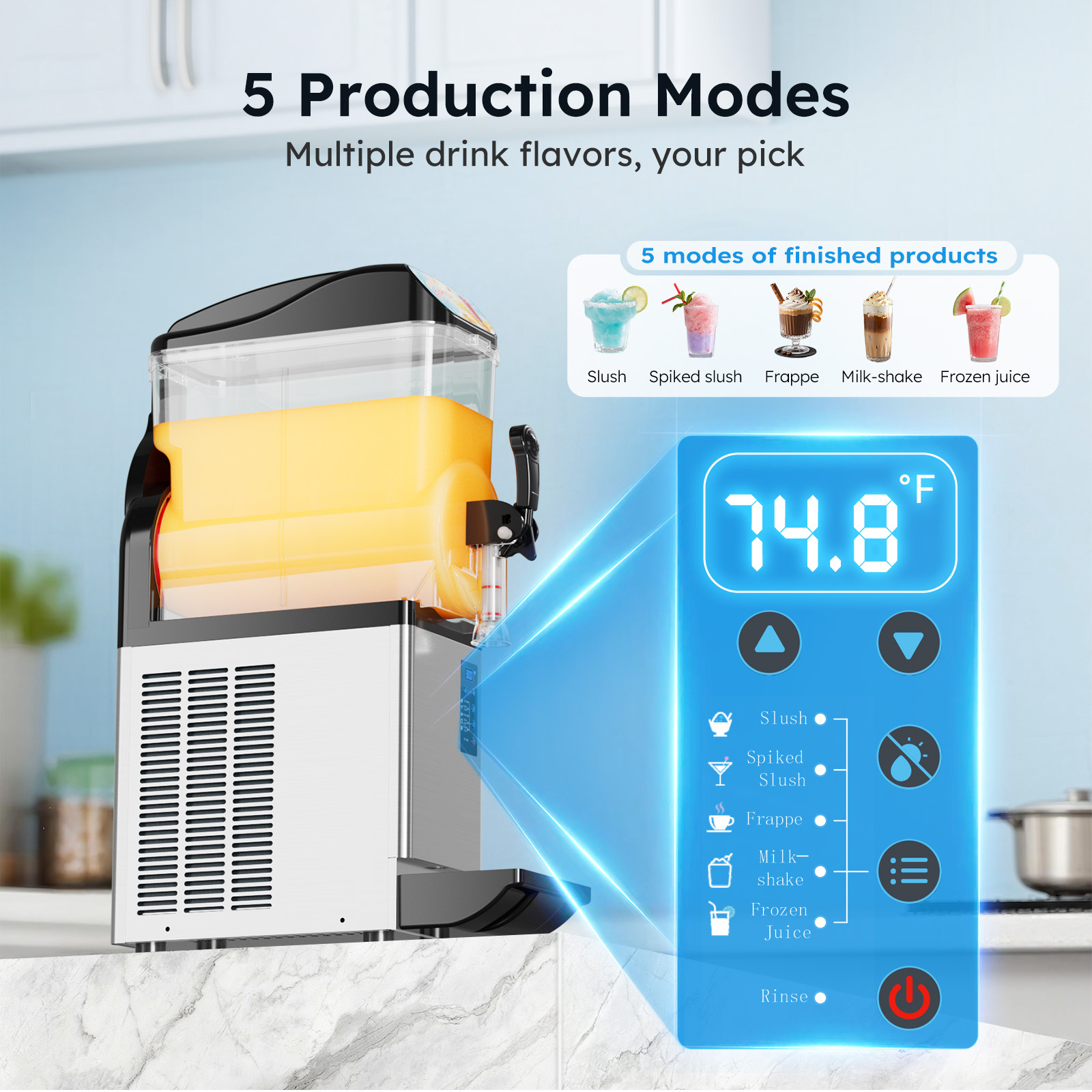 Mojgar commercial slush machine with five preset drink modes including slush, spiked slush, frappe, milkshake and frozen juice with digital control display