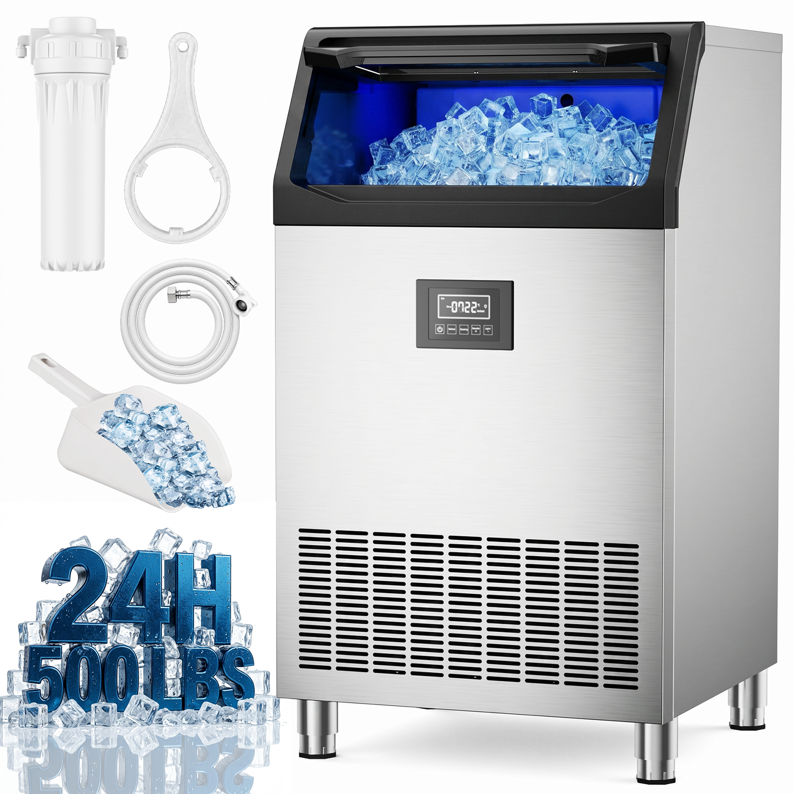 MOJGAR 500 lb commercial ice maker with water filter, inlet hose, filter wrench and ice scoop included for convenient installation and daily use.