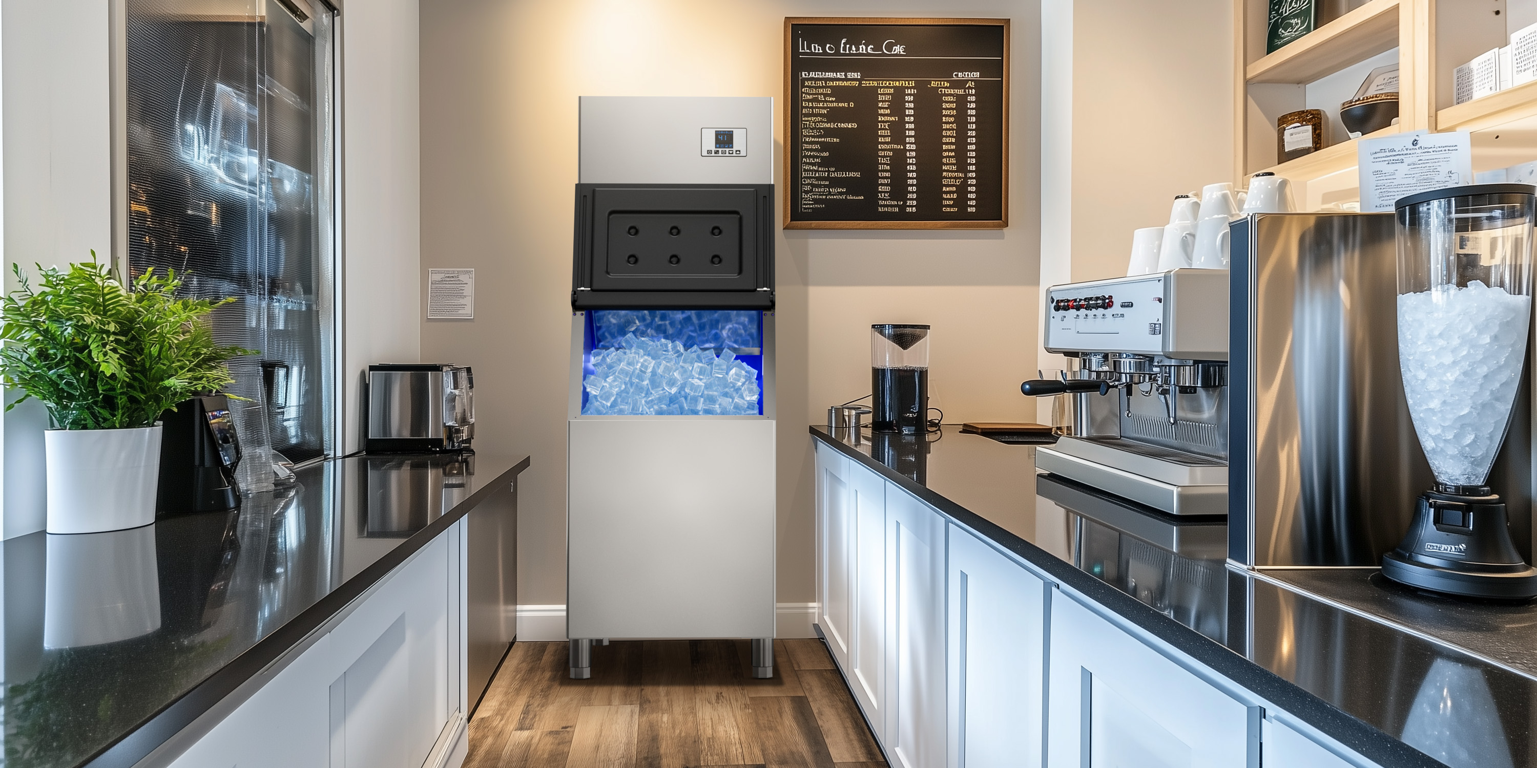 Mojgar 550 LBS Commercial Ice Maker in a cafe setting, efficiently producing ice cubes for a busy kitchen environment, showcasing its functionality in real-world use.