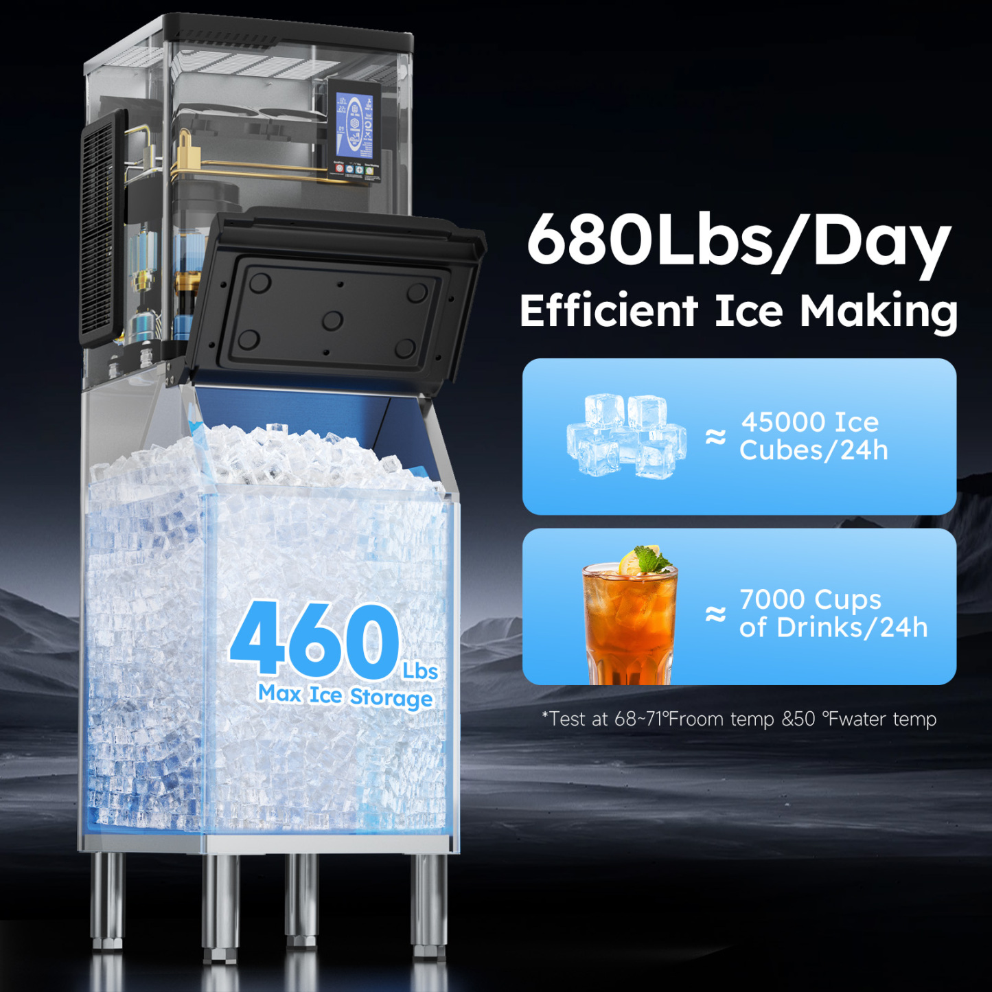 Mojgar Commercial Ice Machine produces 680 lbs of ice per day with 460 lbs max storage. Efficient ice maker for restaurants, bars, and cafes, capable of producing 45,000 ice cubes daily and serving 7,000 cups of drinks. Stainless steel design with digital controls and self-cleaning mode.