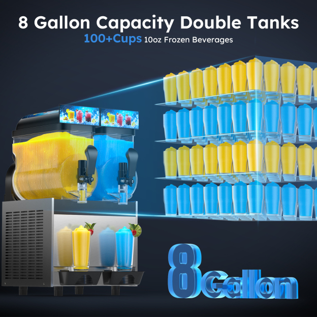 Mojgar 8-Gallon Commercial Frozen Drink Machine with dual 15L tanks, serving over 100 cups of 10oz slushies or margaritas, ideal for bars, restaurants, parties, and large events.