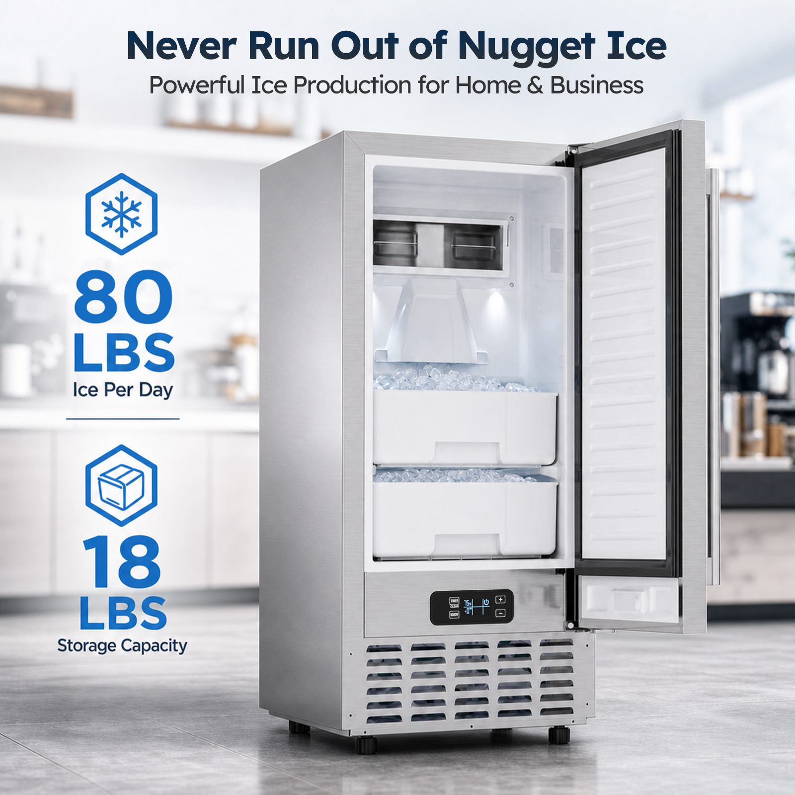 Mojgar undercounter nugget ice maker produces up to 80 lbs of nugget ice per day with 18 lbs of storage capacity for home bars, kitchens, offices, cafés, and businesses.