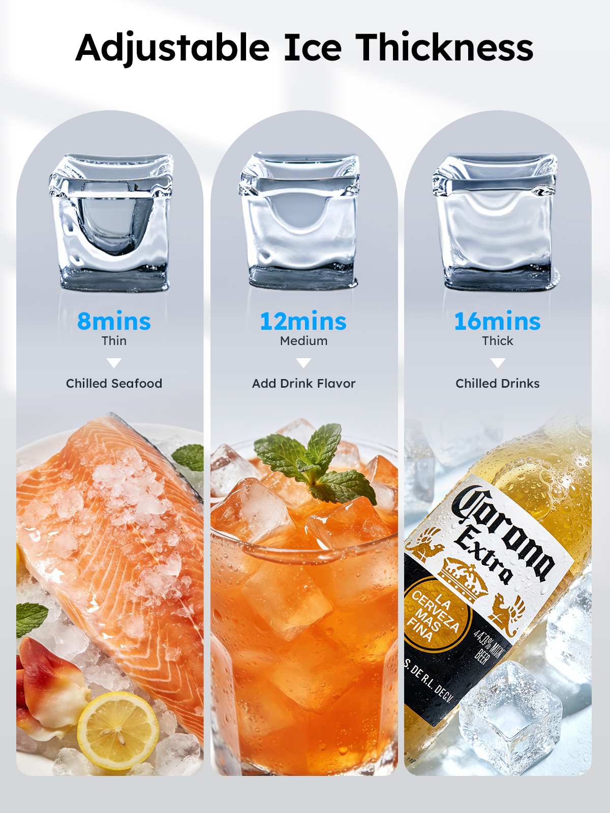 Mojgar ice maker showing adjustable ice thickness: thin 8min for seafood, medium 12min for drinks, thick 16min for chilled beverages, crystal-clear cubes for bars, cafes, and home use.