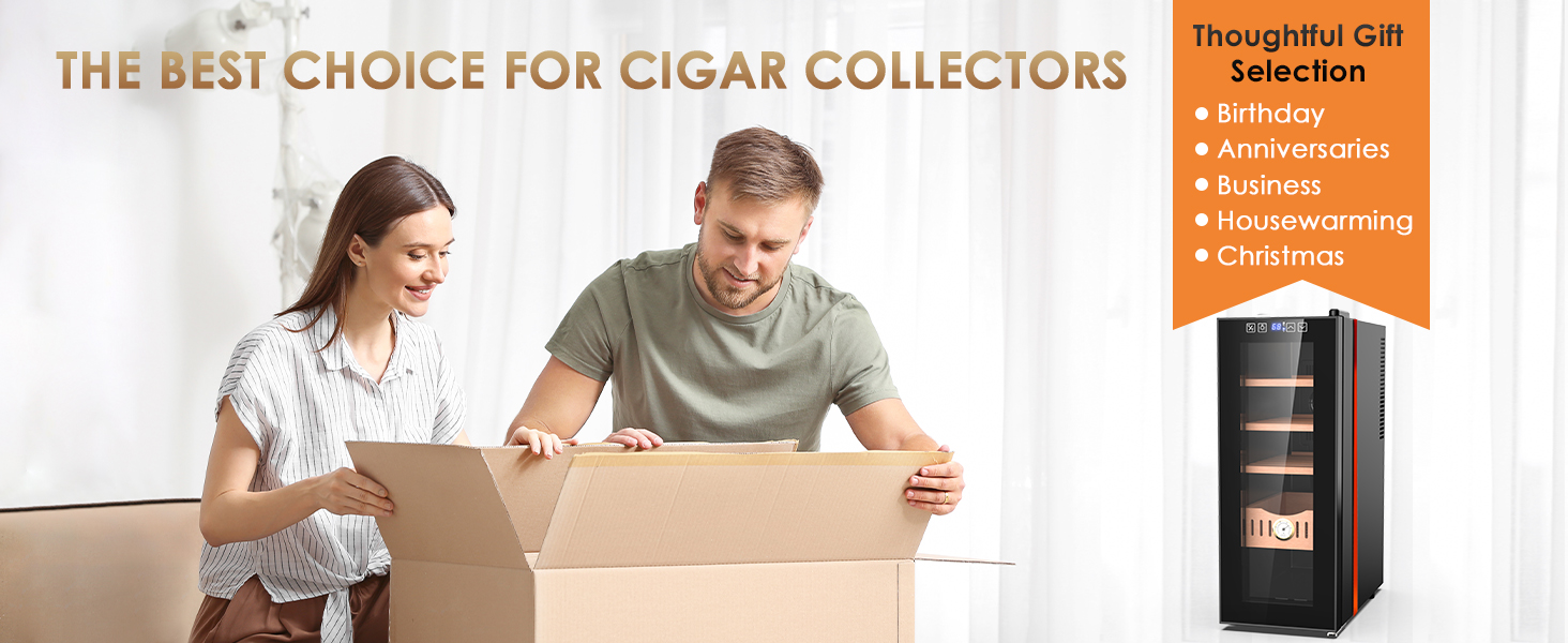 Mojgar 35L electric cigar humidor, the perfect gift for cigar collectors. Ideal for birthdays, anniversaries, business, housewarming, and Christmas. A thoughtful and elegant storage solution for cigars.