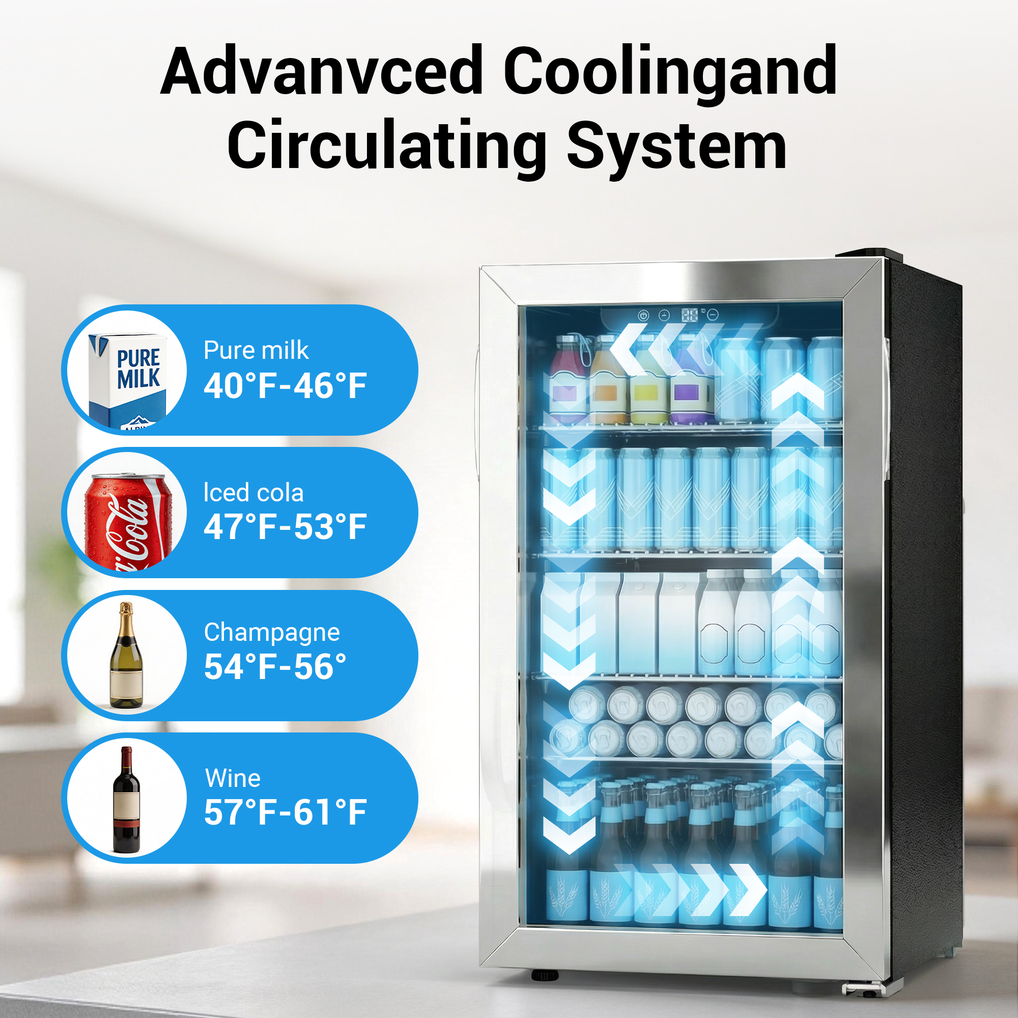 Mojgar beverage cooler with advanced air circulation system for even cooling of milk, soda, champagne, wine, and beer