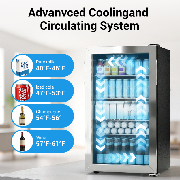 Mojgar beverage cooler with advanced air circulation system for even cooling of milk, soda, champagne, wine, and beer