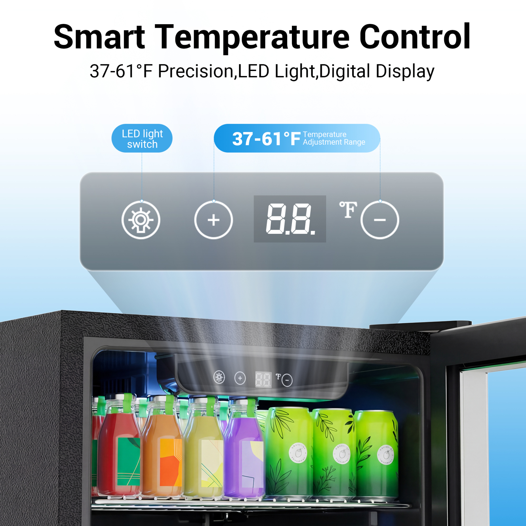 Mojgar beverage fridge with digital temperature control, LED light switch, and 37 to 61 degree Fahrenheit adjustment range