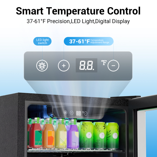Mojgar beverage fridge with digital temperature control, LED light switch, and 37 to 61 degree Fahrenheit adjustment range