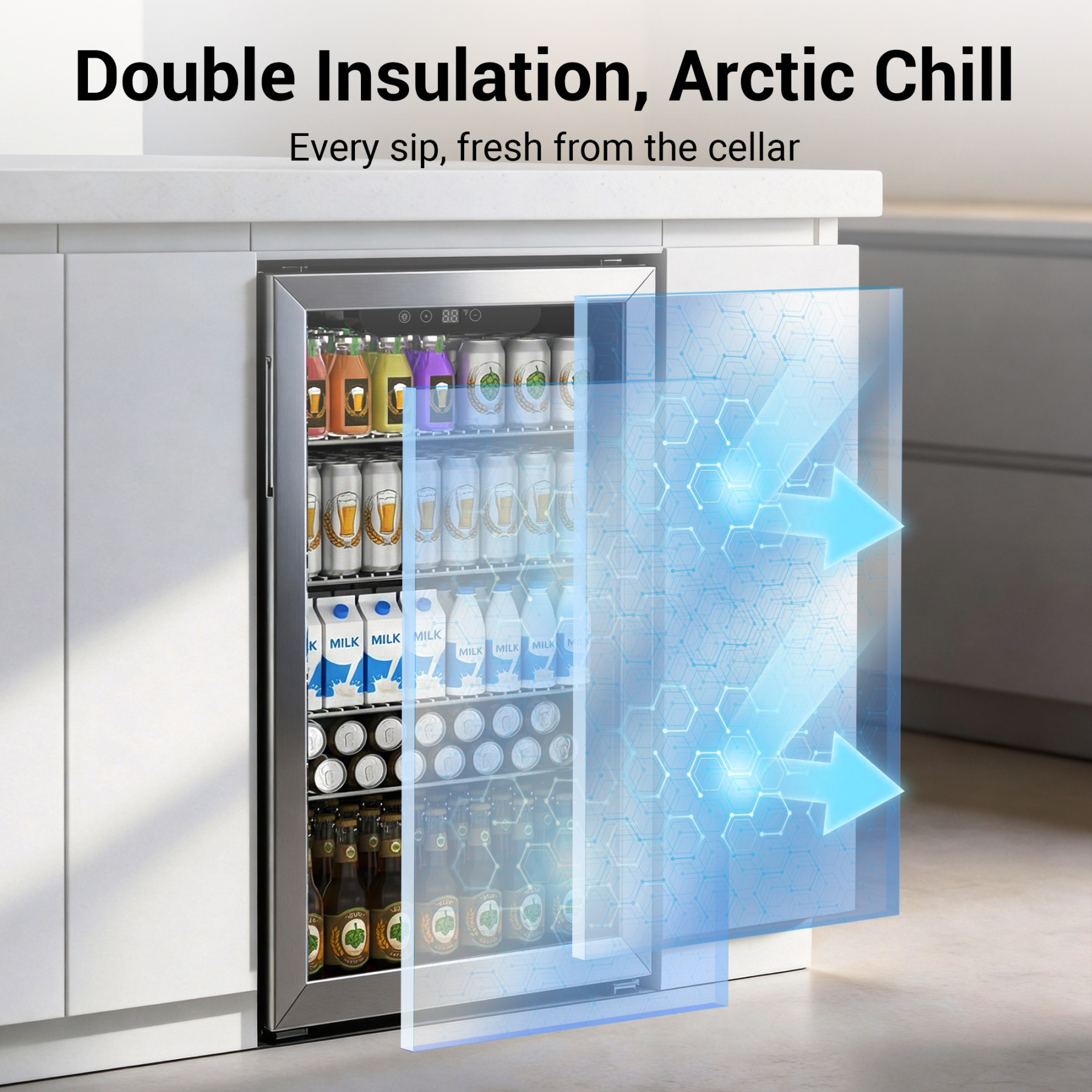 Mojgar beverage refrigerator with double insulation and powerful cooling to keep drinks fresh and chilled