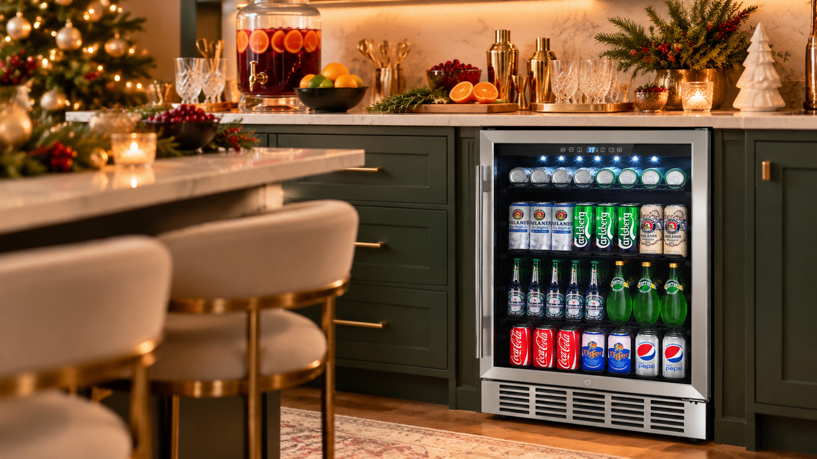Mojgar stainless steel glass door beverage refrigerator stocked with chilled drinks in a festive modern home bar.