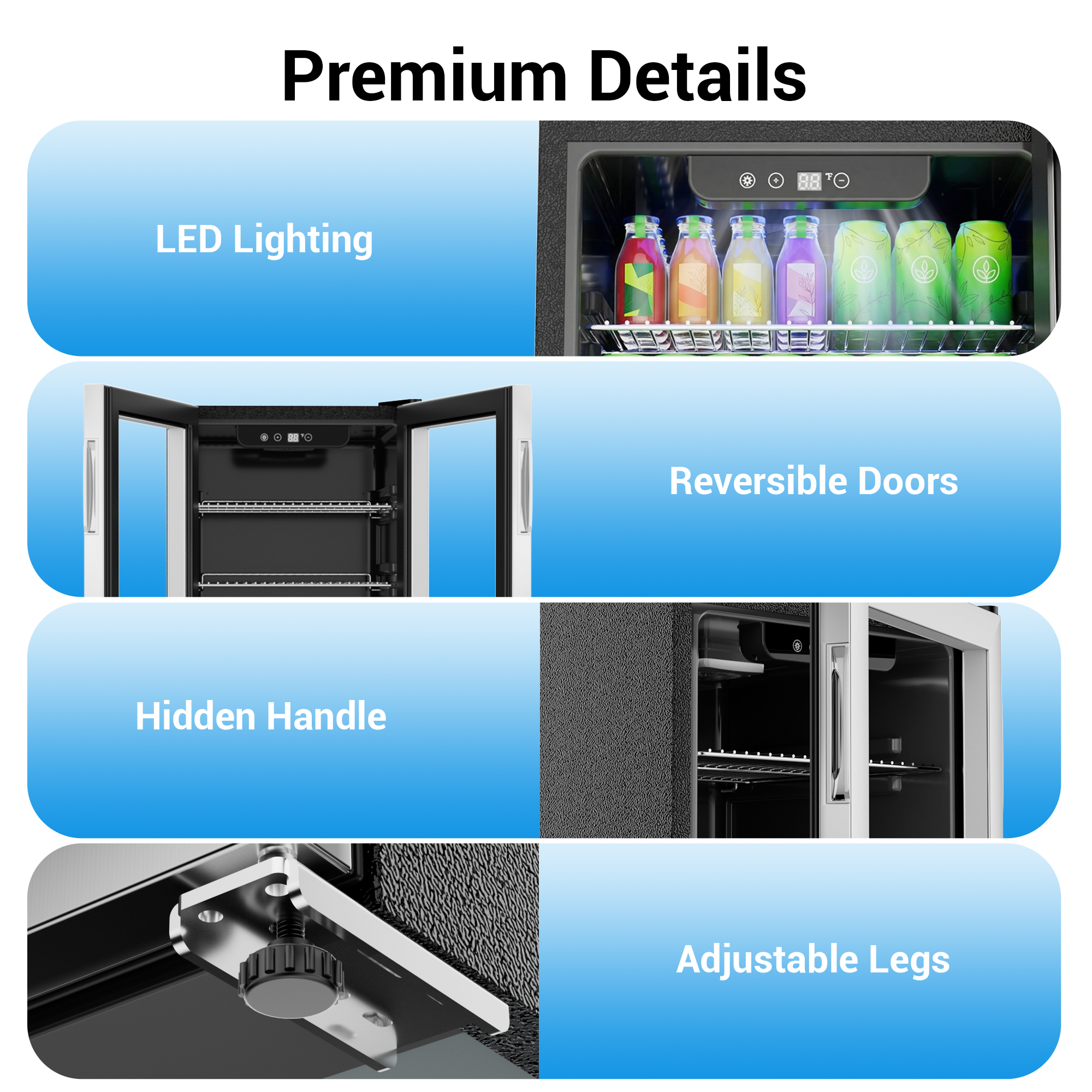 Mojgar beverage refrigerator with LED lighting, reversible door, hidden handle, and adjustable legs for flexible placement