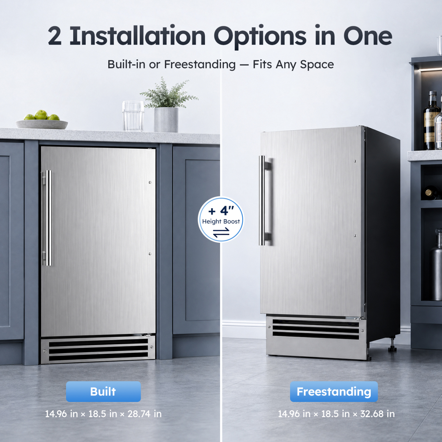 Mojgar under counter ice maker shown in built-in and freestanding installations with adjustable height from 28.74 to 32.68 inches for flexible placement.
